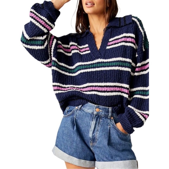 Free People NWT Kennedy Pullover Stripe Knit Sweater Size Medium Cropped Relaxed - Picture 1 of 16